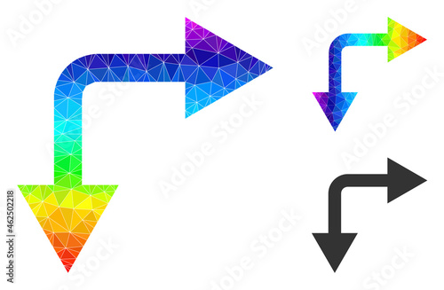 Low-poly bifurcation arrow right down icon with rainbow colored. Rainbow colorful polygonal bifurcation arrow right down vector constructed with random colorful triangles.