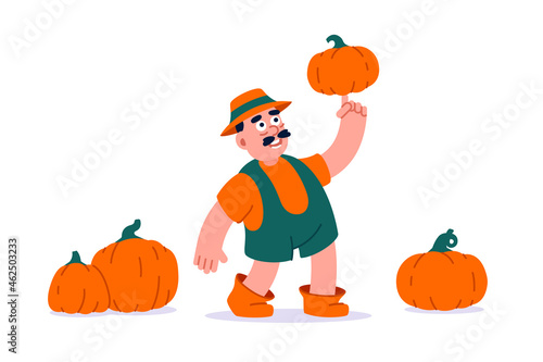 Farmer man with mustache in overalls and hat holds pumpkin