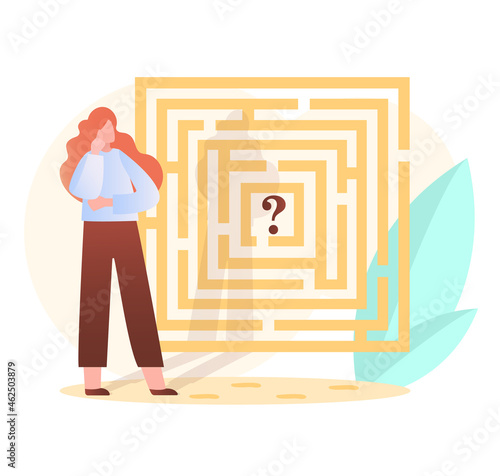 Woman looking for way out of maze. Female character thinking about solving problem. Metaphor for brainstorming and achieving success. Cartoon flat vector illustration isolated on white background