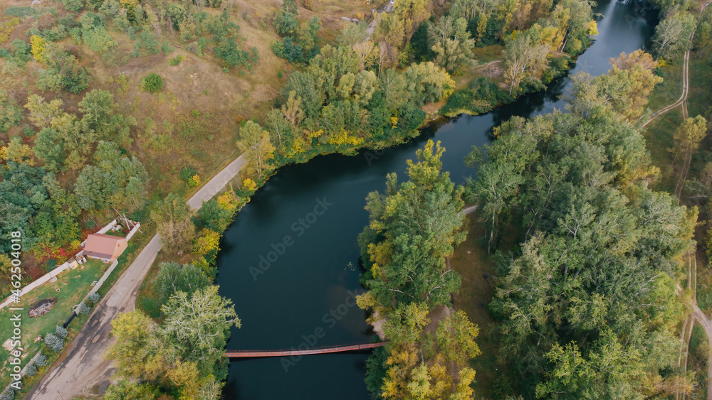 Aerial view of Old bridge in autumn park Aerial view of Old bridge in autumn park
