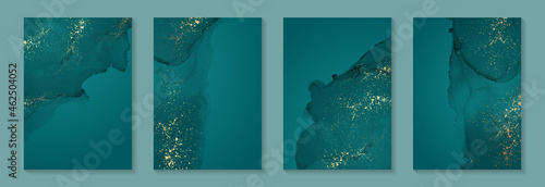 Modern watercolor background or elegant card design for birthday invite or wedding or menu with abstract turquoise ink waves and golden splashes.