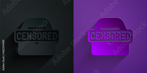 Paper cut Censored stamp icon isolated on black on purple background. Paper art style. Vector