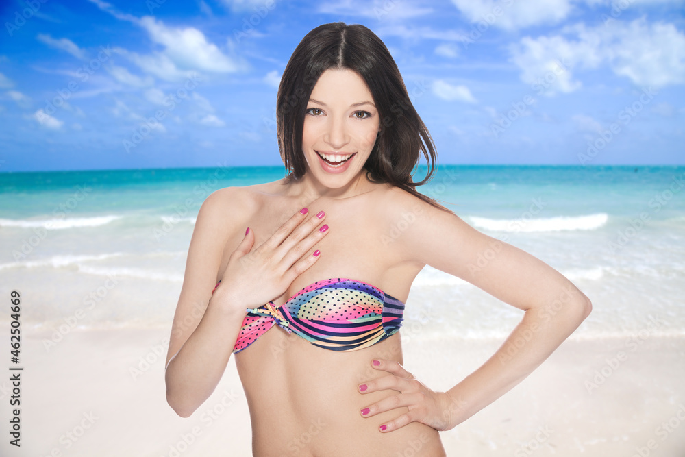 Beautiful girl enjoying on blue tropical beach, full frame shot, carefully developed from raw file