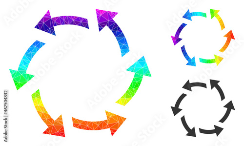 Low-poly centrifugal arrows icon with spectral colored. Spectral colored polygonal centrifugal arrows vector is designed from randomized colorful triangles.
