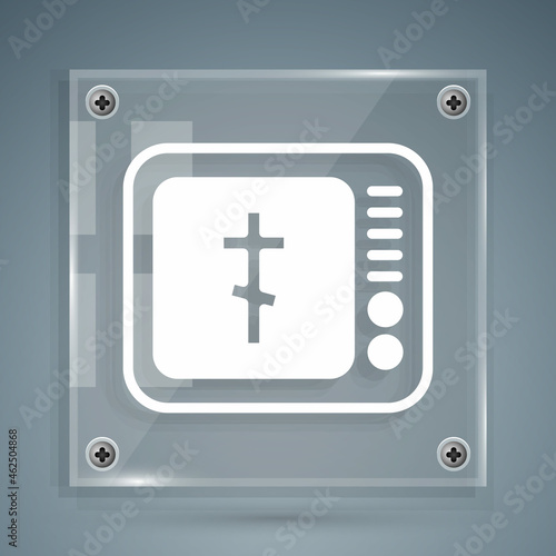 White Online church pastor preaching video streaming icon isolated on grey background. Online church of Jesus Christ. Square glass panels. Vector