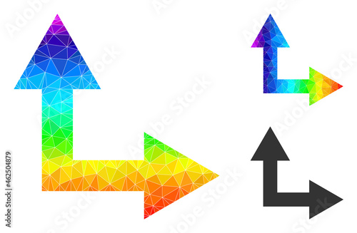 Low-poly bifurcation arrow right up icon with rainbow colorful. Rainbow colorful polygonal bifurcation arrow right up vector is designed with chaotic bright triangles.