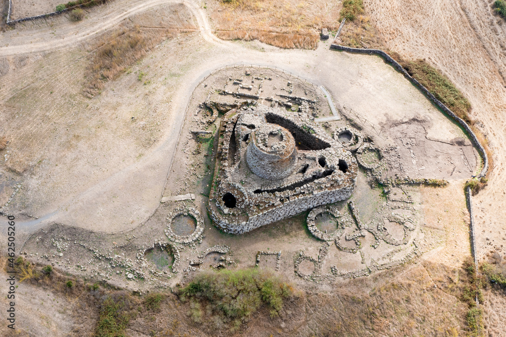 View from above, stunning aerial view of the ancient Santu Antine Nuraghe. Santu Antine Nuraghe is one of the largest Nuraghi in Sardinia, Italy.
