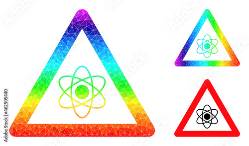 lowpoly atom warning icon with rainbow colorful. Rainbow vibrant polygonal atom warning vector constructed from chaotic colorful triangles.