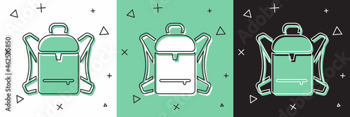 Set Hiking backpack icon isolated on white and green, black background. Camping and mountain exploring backpack. Vector