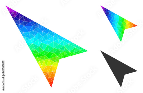 lowpoly arrowhead left-up icon with spectral colored. Spectrum vibrant polygonal arrowhead left-up vector constructed with random vibrant triangles.