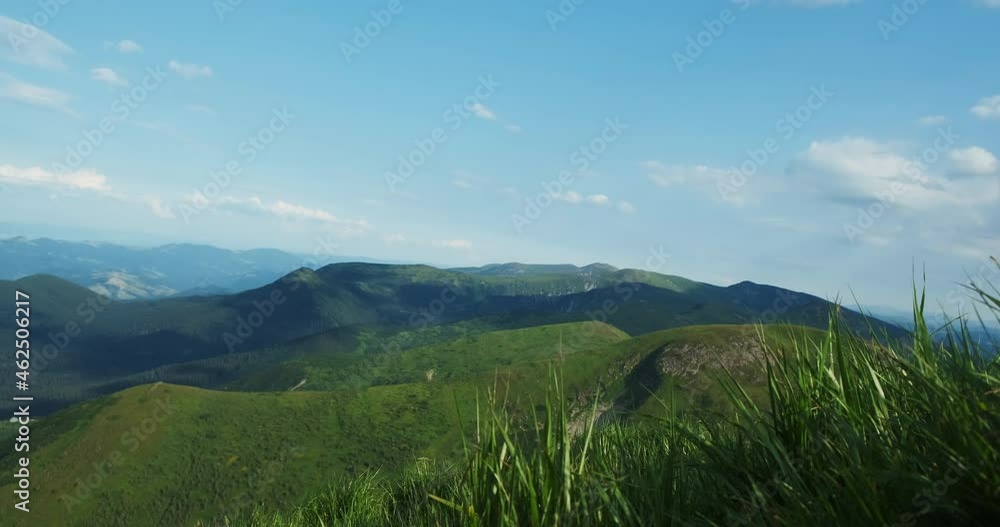 Wide panorama landscape natural shot of beautiful green forest mountains with grass swaying in the wind and blue cloudy sky. Outdoor wildlife video, perspective horizon view, european mountain range. Wide panorama landscape natural shot of beautiful green forest mountains with grass swaying in the wind and blue cloudy sky. Outdoor wildlife video, perspective horizon view, european mountain range.
