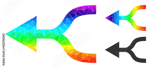 Low-poly combine arrow left icon with spectrum gradient. Spectrum colored polygonal combine arrow left vector is filled with chaotic colored triangles.