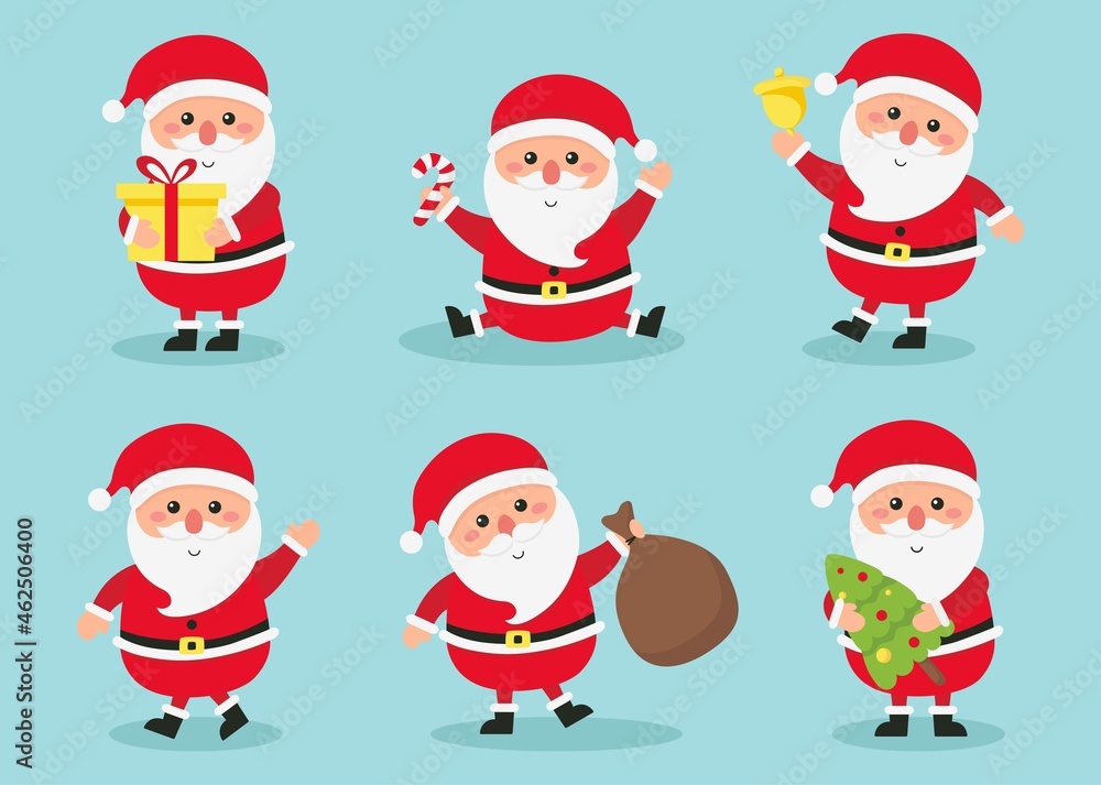 Santa claus activities set new year and christmas isolated on blue background. vector Illustration.