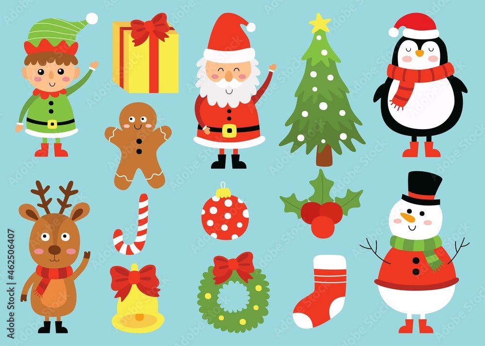 Christmas characters cartoon animals set isolated on blue background. vector Illustration.