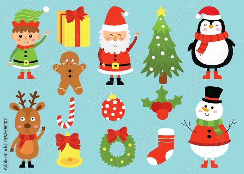 Christmas characters cartoon animals set isolated on blue background. vector Illustration. © Sathaporn
