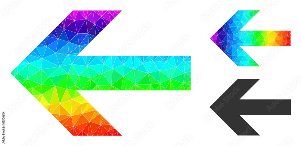 Low-poly arrow left icon with spectrum colored. Spectrum colored polygonal arrow left vector is designed with scattered vibrant triangles. Flat geometric mesh illustration based on arrow left icon. Low-poly arrow left icon with spectrum colored. Spectrum colored polygonal arrow left vector is designed with scattered vibrant triangles. Flat geometric mesh illustration based on arrow left icon.