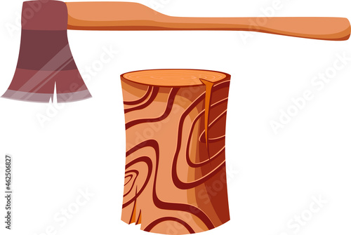 log with an ax stuck in cartoon style on a white background. Detailed, textured chopped. Forest, camping concept