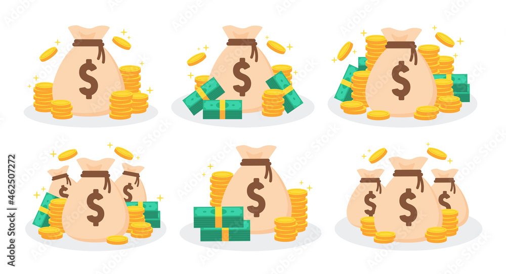 Collection of money bags with pile or stack of golden coins and banknotes. Financial concept of rich or wealthy. Symbol of cash and currency. Trendy cute flat vector graphic icon element illustration.