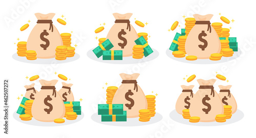 Collection of money bags with pile or stack of golden coins and banknotes. Financial concept of rich or wealthy. Symbol of cash and currency. Trendy cute flat vector graphic icon element illustration.