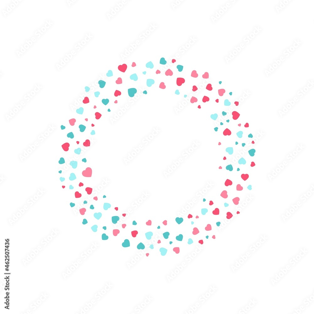 Colorful geometric hearts frame - wreath. Abstract vector background with colorful hearts shapes consisting of spherical geometric particles. Hearts frame's colorful halftone. Valentine's Day.	