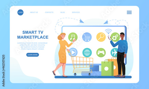 Smart TV marketplace. Purchase of goods via Internet, delivery to selected address. Girl chooses devices from home. Smart TV applications. Cartoon flat vector illustration isolated on white background