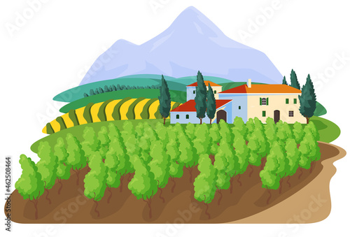 Grapes on the vineyard farm sign label concept. Grape production. Beautiful rural landscape with haciendas and grape bushes on a background of mountains. Vector illustration