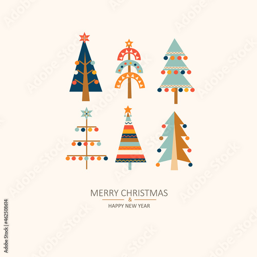 Merry Christmas greeting card with hand drawn christmas trees with toys in Scandinavian style. Xmas isolated cozy decor elements. Template for invitation,wishing,design.Vector illustration.