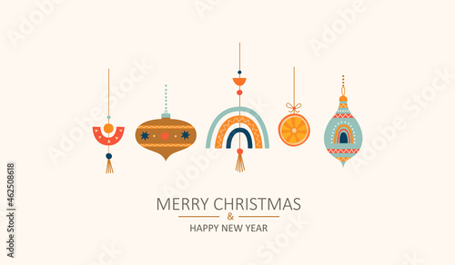 Merry Christmas greeting card with toys in Scandinavian style. Hand drawn christmas baubles. Xmas isolated cozy decor elements. Template for invitation,wishing,design.Vector illustration.