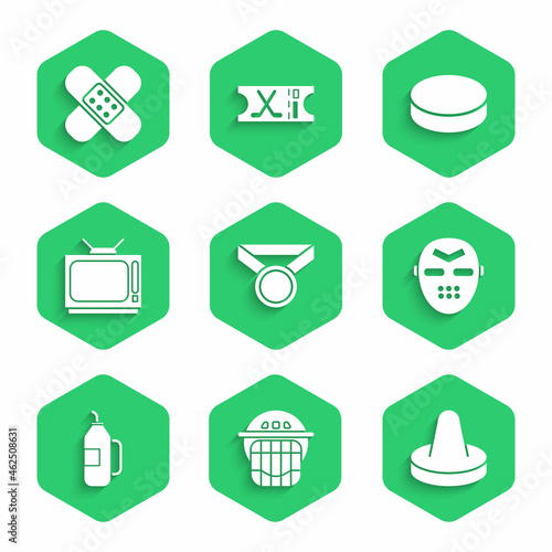 Set Medal, Hockey helmet, Mallet for playing air hockey, mask, Fitness shaker, Retro tv, puck and Crossed bandage plaster icon. Vector