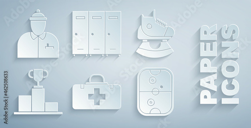 Set First aid kit, Skates, Hockey over sports winner podium, Air hockey table, Locker changing room and coach icon. Vector