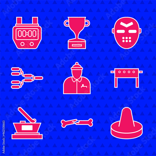 Set Hockey coach, Human broken bone, Mallet for playing air hockey, table, Ice cup champion, Championship tournament bracket, mask and Stopwatch icon. Vector