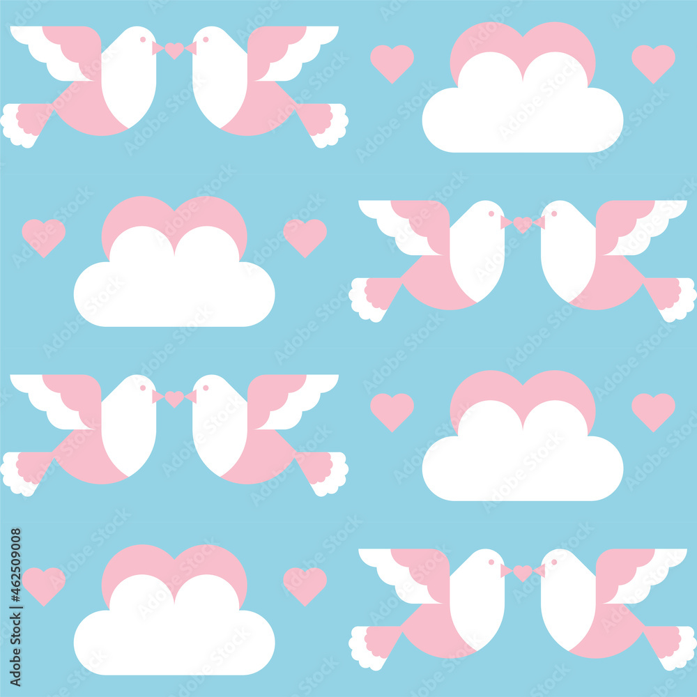 Valentine's day abstract background with pairs of flying doves and clouds. Romantic love pattern. Texture, ornament for wallpaper, wrapping paper, textile, fabric, event decoration