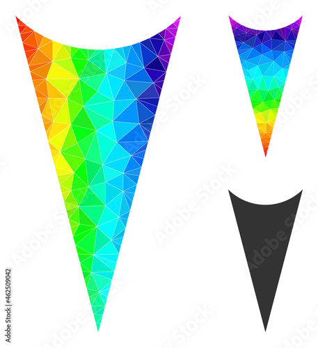 Low-poly arrowhead down icon with rainbow gradient. Rainbow vibrant polygonal arrowhead down vector is combined from randomized vibrant triangles.