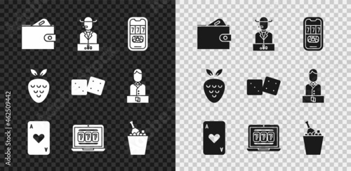 Set Wallet with money, Poker player, Casino poker tournament invitation, Playing card heart, Laptop and slot machine, Champagne ice bucket, strawberry and Game dice icon. Vector