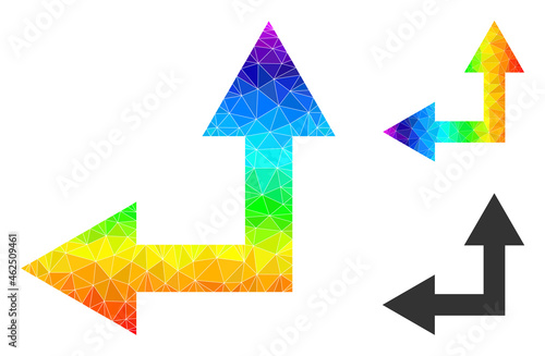 lowpoly bifurcation arrow left up icon with spectral colored. Spectral colored polygonal bifurcation arrow left up vector combined with scattered colored triangles.