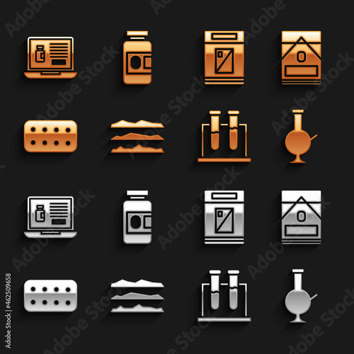 Set Cocaine or heroin drug, Cigarettes pack box, Glass bong for smoking marijuana, Test tube and flask, Pills blister, Buying drugs online laptop and Medicine bottle pills icon. Vector