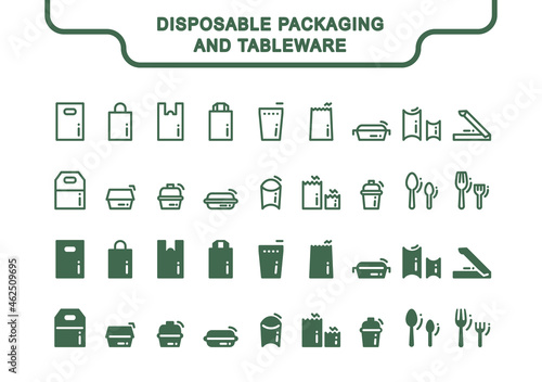 Simple vector icons set, full collection. Disposable packaging and tableware: plastic, plates spoons and forks, bags, T-shirt, gift, container, zip, box, portable, biodegradable material