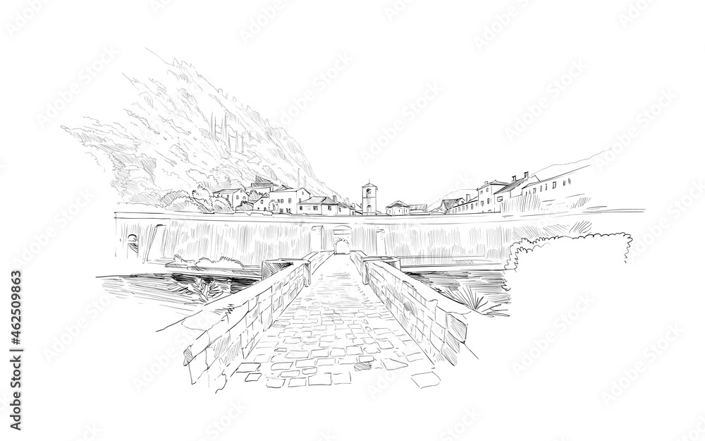 Kotor. Montenegro. City design sketch. Hand drawn vector illustration. 