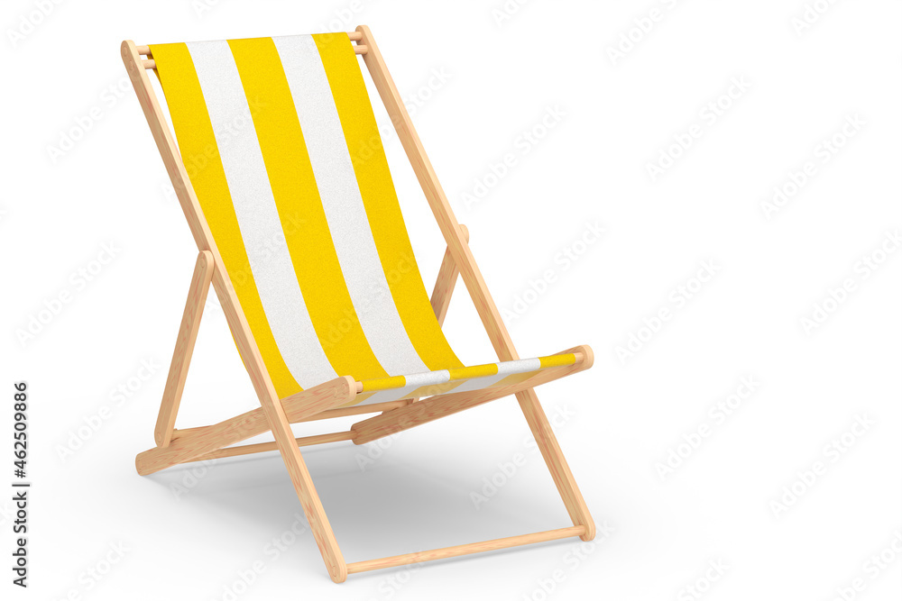 Yellow striped beach chair for summer getaways isolated on white background.