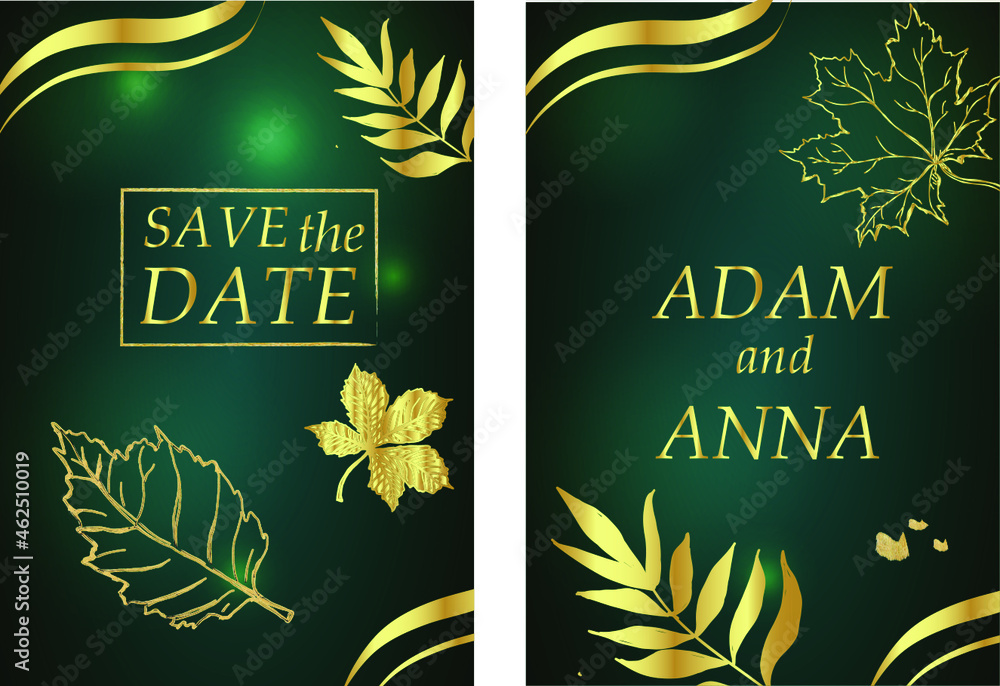 Elegant and exclusive golden wedding invitation with elements of leaves and flowers. Great vector file for editing.