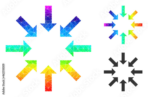 lowpoly collapse arrows icon with rainbow vibrant. Spectrum colorful polygonal collapse arrows vector designed with chaotic colorful triangles.