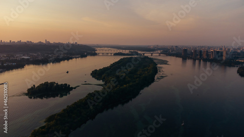 Aerial view of Pivdennyi Southern Bridge across the Dnieper in Kiev, Ukraine.