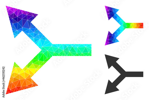Low-poly bifurcation arrow left icon with rainbow gradient. Rainbow colored polygonal bifurcation arrow left vector is designed with chaotic colorful triangles.