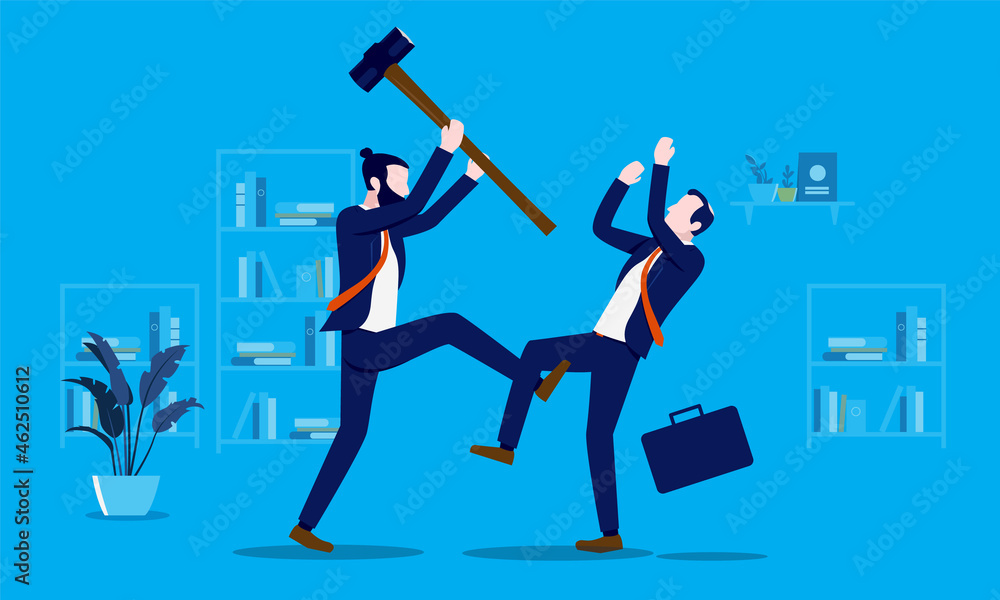Violent businessman - Angry man attacking business client in office with big hammer. Anger, hate and violence concept. Vector illustration Violent businessman - Angry man attacking business client in office with big hammer. Anger, hate and violence concept. Vector illustration