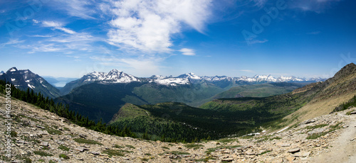 Panorama of Glacier National Park mountains from Grinnel Glacier overlook, off of Highline Trail. Wyoming, United States of America photo