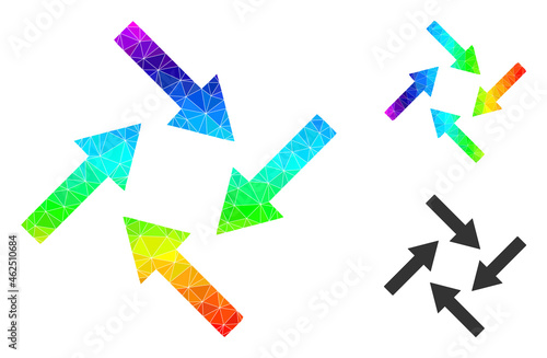 Low-poly centripetal arrows icon with spectral colorful. Spectral colored polygonal centripetal arrows vector is combined with scattered vibrant triangles.