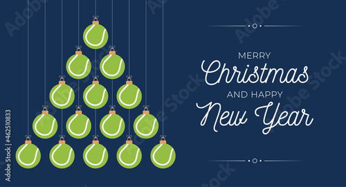 Tennis Christmas and new year greeting card bauble tree. Creative Xmas tree made by tennis ball on black background for Christmas and New Year celebration. Sport greeting card