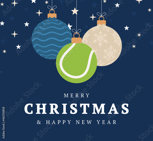 tennis christmas greeting card. Merry Christmas and Happy New Year flat cartoon Sports banner. tennis ball as a xmas ball on background. Vector illustration.