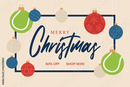 tennis christmas greeting card. Merry Christmas and Happy New Year flat cartoon Sports banner. tennis ball as a xmas ball on background. Vector illustration.