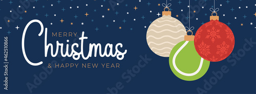 tennis christmas greeting card. Merry Christmas and Happy New Year flat cartoon Sports banner. tennis ball as a xmas ball on background. Vector illustration.